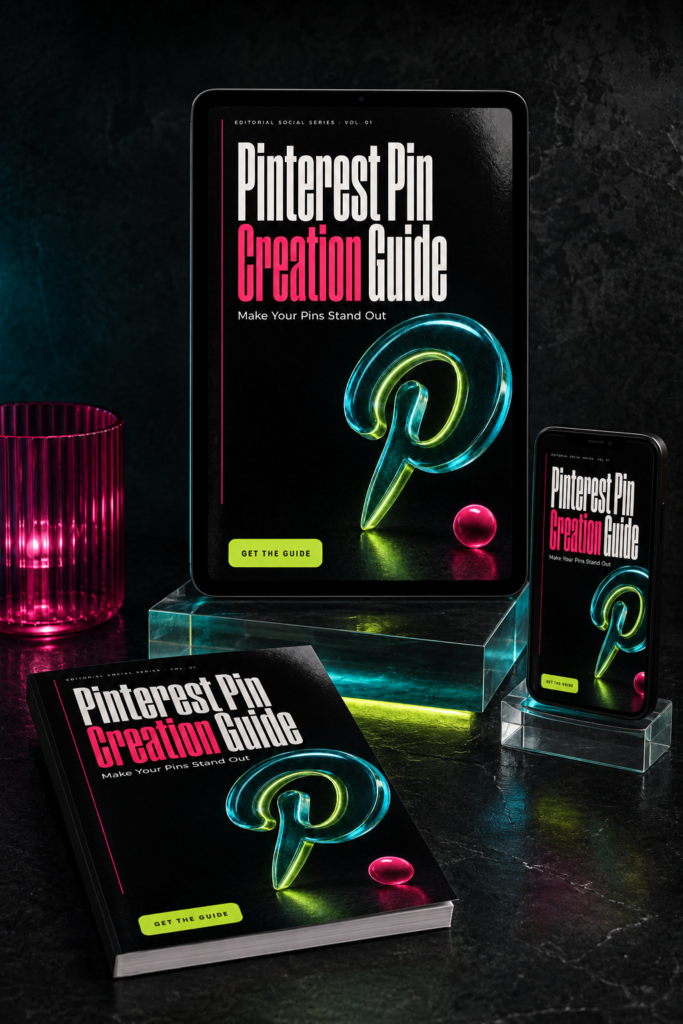 Pinterest Pin Creation Guide mockup displayed on tablet, phone, and printed booklet