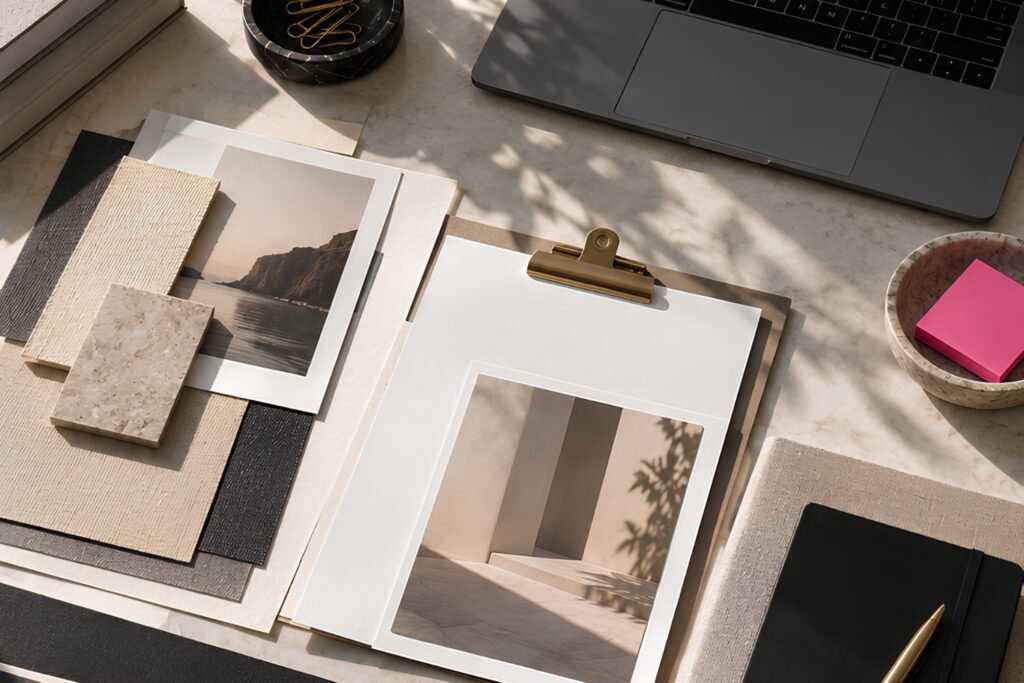 Editorial flat lay of a brand strategy and content planning workspace with notebooks, papers, and neutral desk accessories
