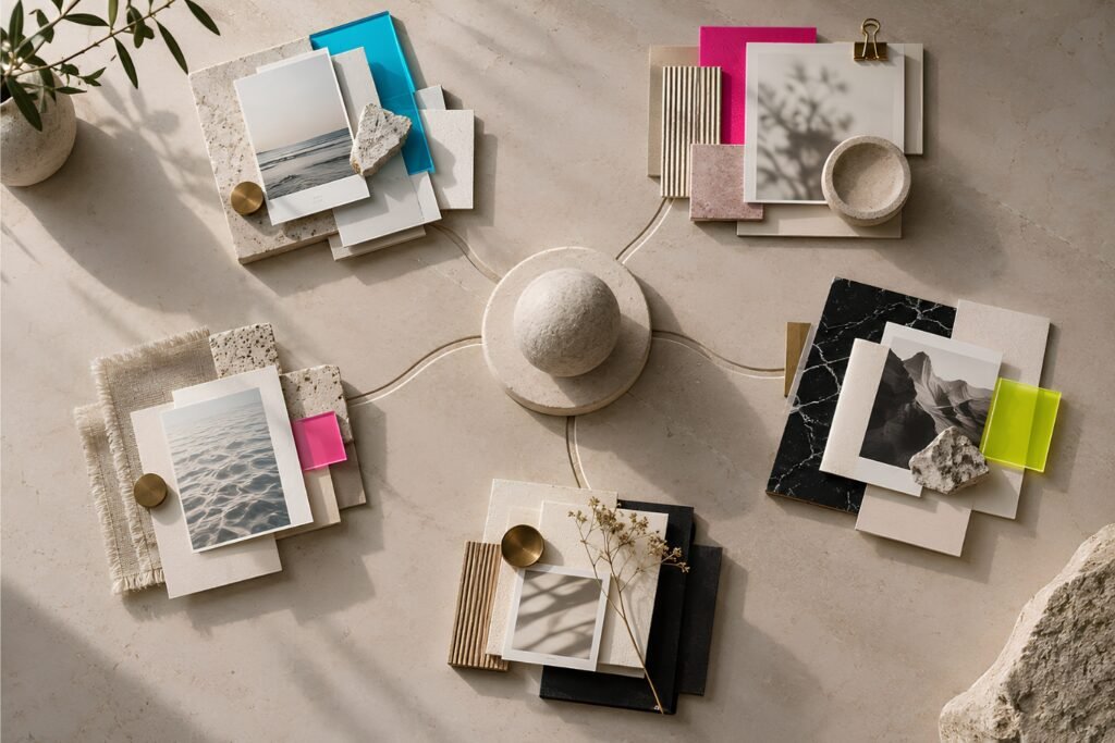 Editorial flat lay showing connected creative clusters representing several content pillars built around one central idea