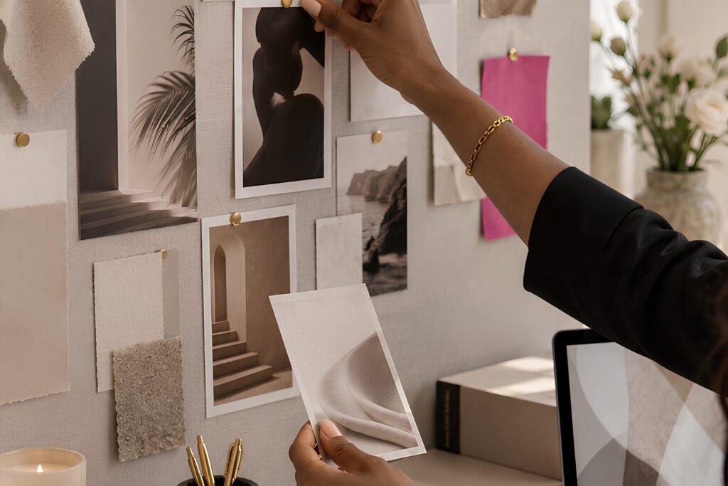 Brown-skinned hands arranging printouts and planning materials to show the creative process behind building brand authority
