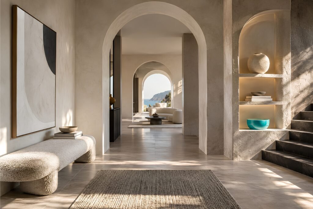 Minimal architectural interior with connected archways representing a focused content strategy expanding into new opportunities