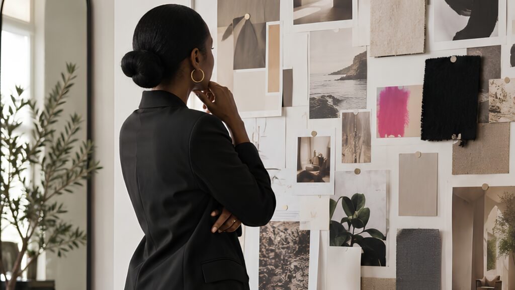 Black woman reviewing creative materials in a modern workspace to illustrate how to build brand authority online