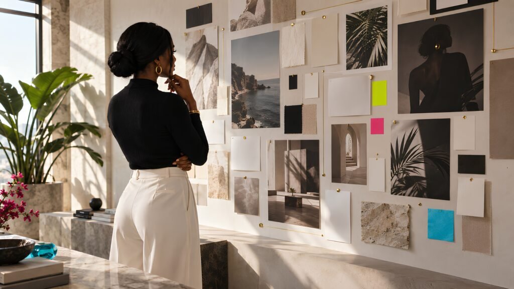 Black woman reviewing an organized content wall to illustrate a micro-niche content strategy