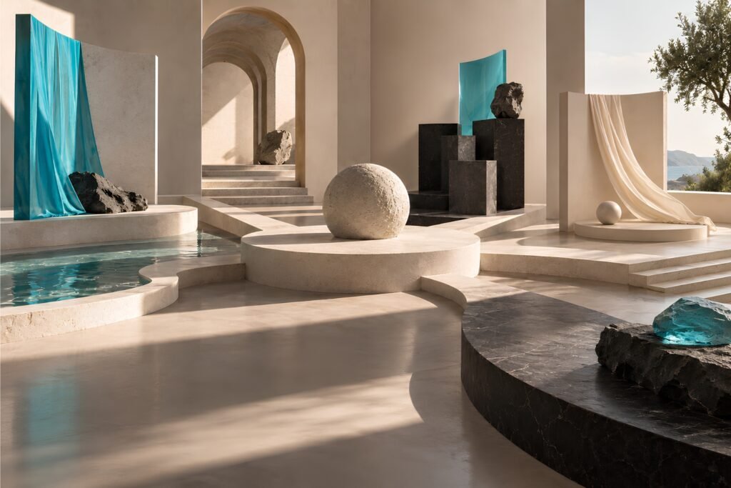 Architectural editorial scene with one central form opening into multiple visual directions to represent creating several content angles from one idea
