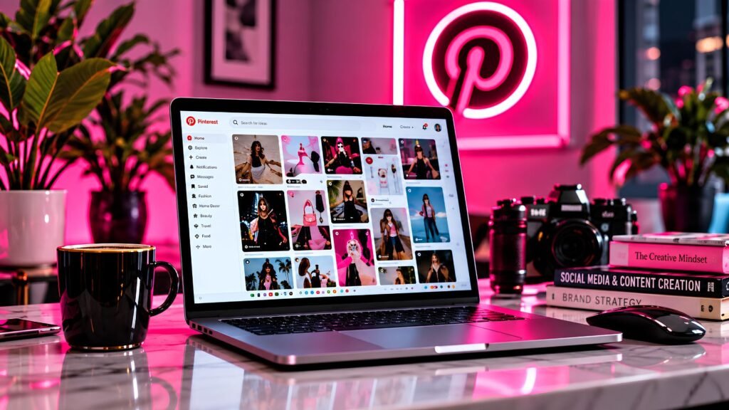 Pinterest open on a laptop in a creative workspace for a strategy to build an email listEditorial creator workspace with Pinterest displayed on a laptop, representing searchable content and Pinterest traffic as part of an email list-building strategy.