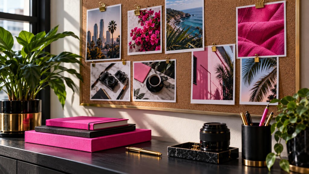 Photographs pinned above pink folders and camera equipment in a value-based content planning area.