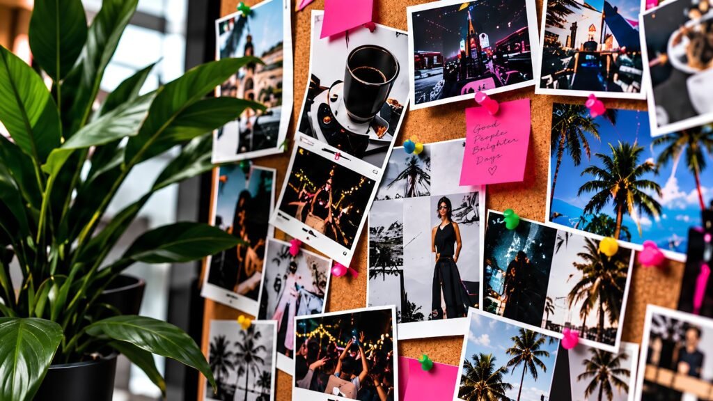 Creative moodboard with photos, colorful notes, and visual references for planning a content system