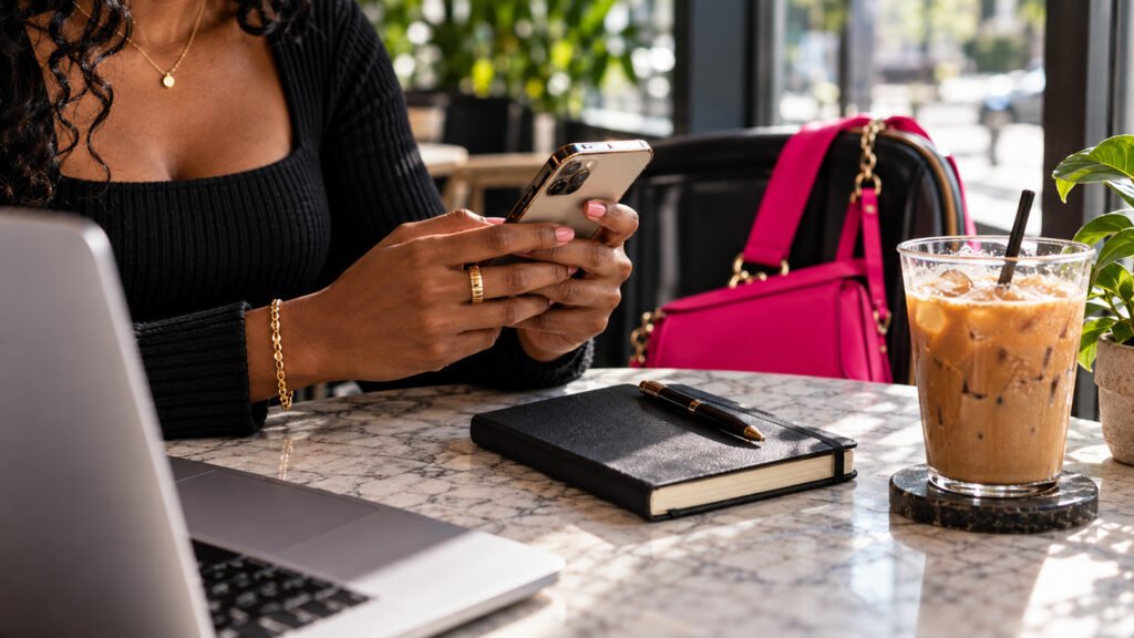Woman using a phone at a café table beside a notebook and iced coffee.