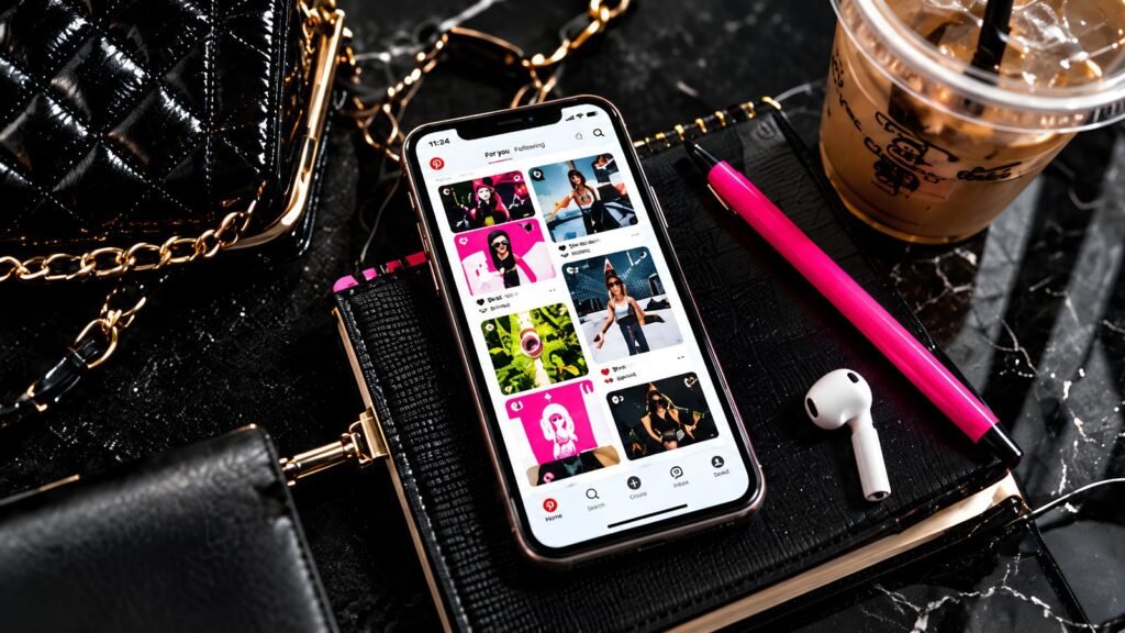Pinterest content on a smartphone with planner, coffee, and creative workspace accessories for a content system