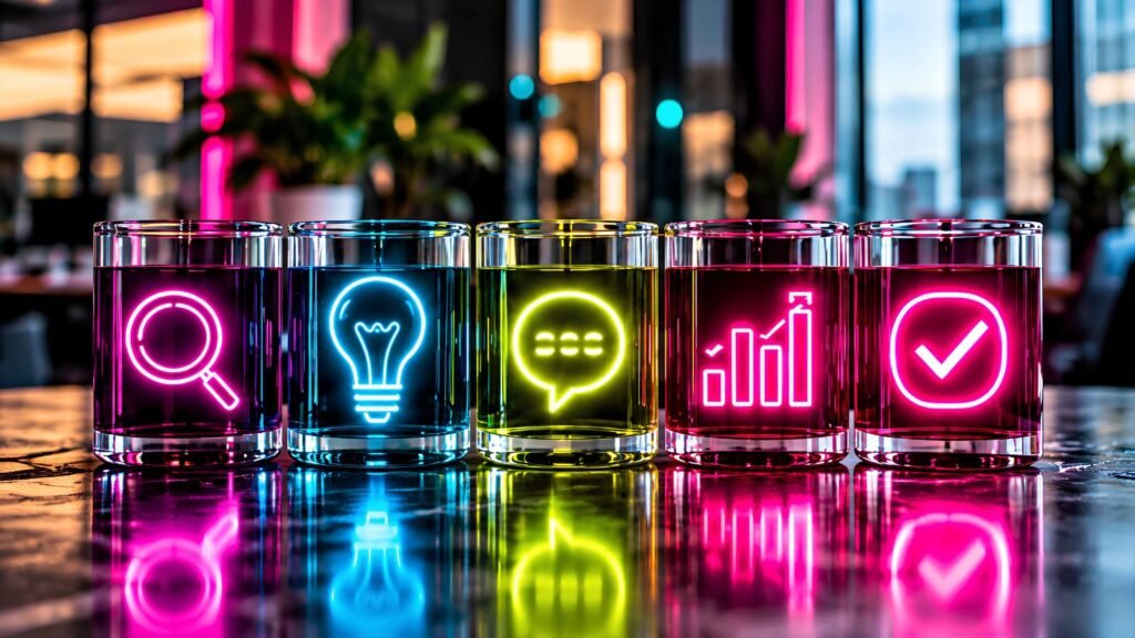 Visual symbols representing discovery, ideas, engagement, growth, and conversion in an email subscriber funnel