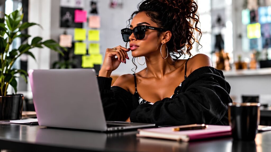 Black woman working at a laptop in a creative studio while managing a repeatable content workflow