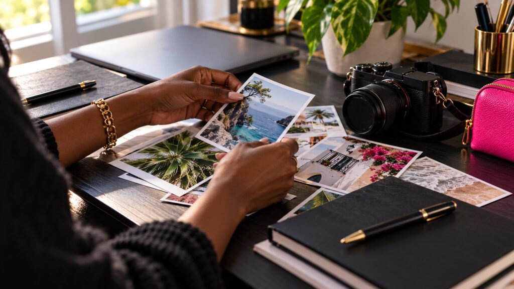 Creator selecting photographs for small digital products beside a camera and pink pouch.