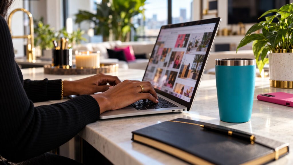 Hands typing on a laptop beside a turquoise tumbler and closed notebook.
