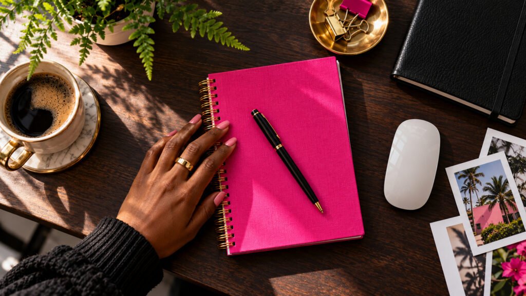 Pink notebook, pen and photographs arranged on a wooden desk for planning small digital products.