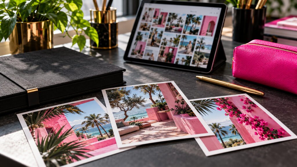 Workspace for revenue-generating activities, with a tablet, photographic prints and a black portfolio.