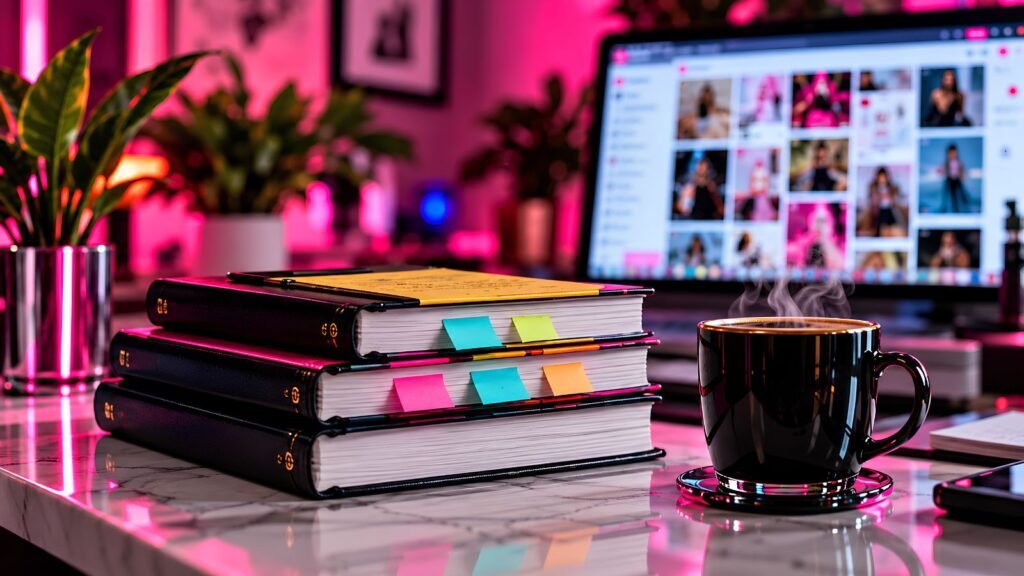 Organized creator workspace with notebooks and Pinterest content for planning a lead magnet and email list