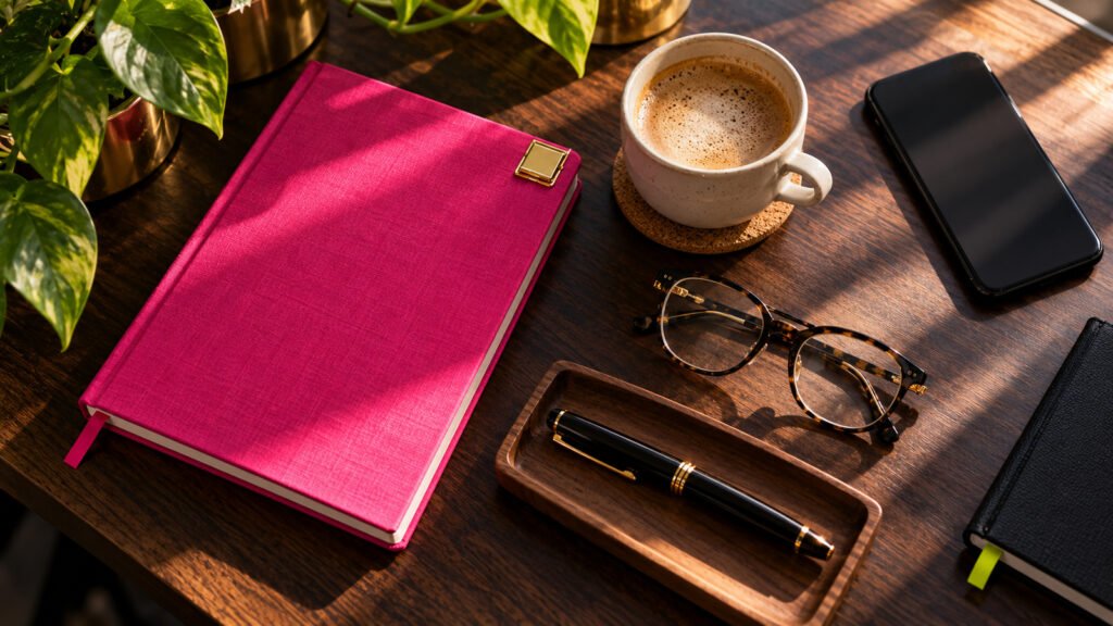 Pink notebook, phone, glasses and coffee arranged for planning revenue-generating activities.