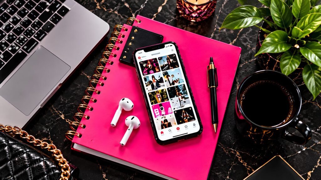 Flat lay with laptop, phone, planner, coffee, and Pinterest content for a search-first content strategy