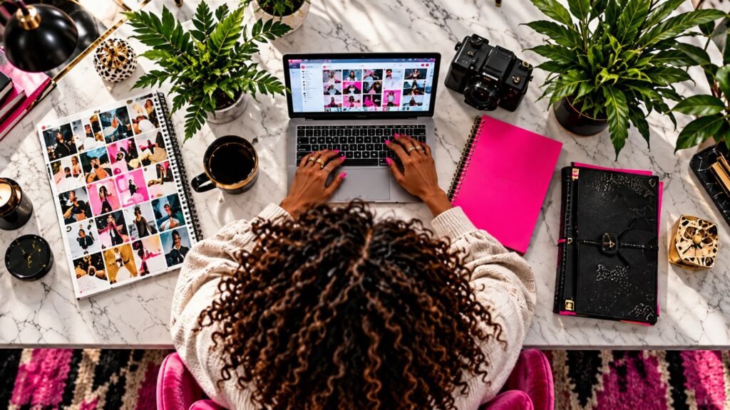 Faceless Black woman creating Pinterest content at a laptop with planner and editorial workspace details