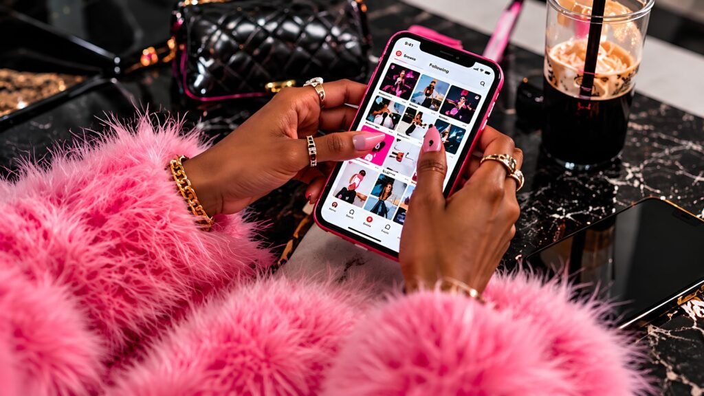 Black woman using Pinterest on a smartphone as part of a repeatable creator content system