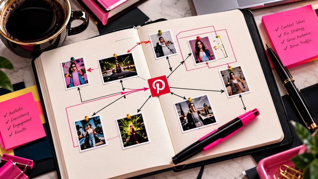 Pinterest content strategy mapped in a notebook to grow an audience, drive traffic, and build an email list