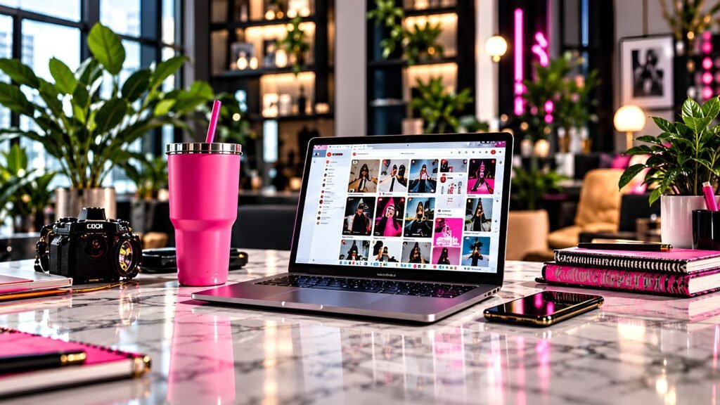 Modern creative workspace with laptop and Pinterest content displayed for search-focused content planning