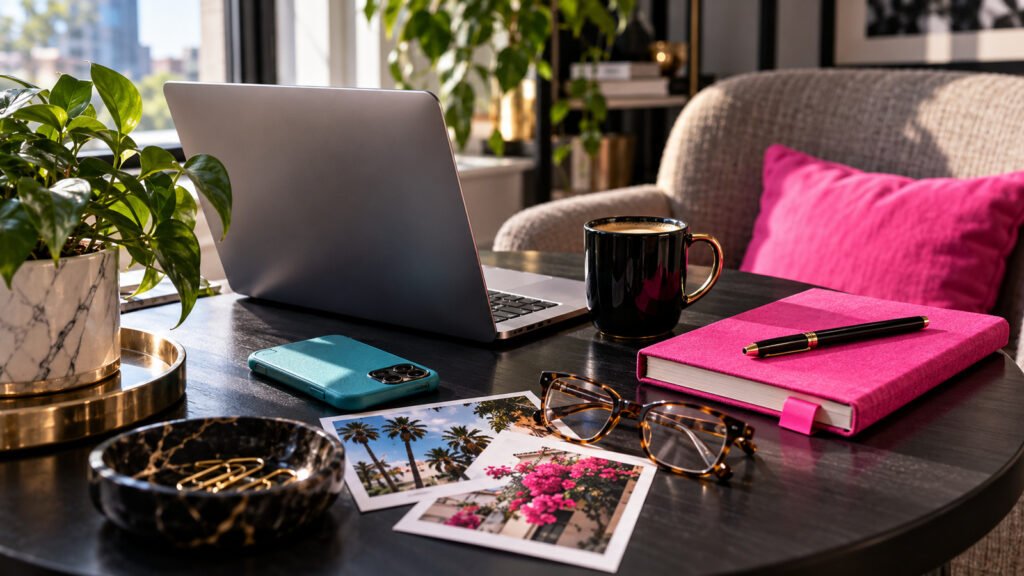 Laptop, pink notebook, glasses and photographs arranged for researching value-based content.