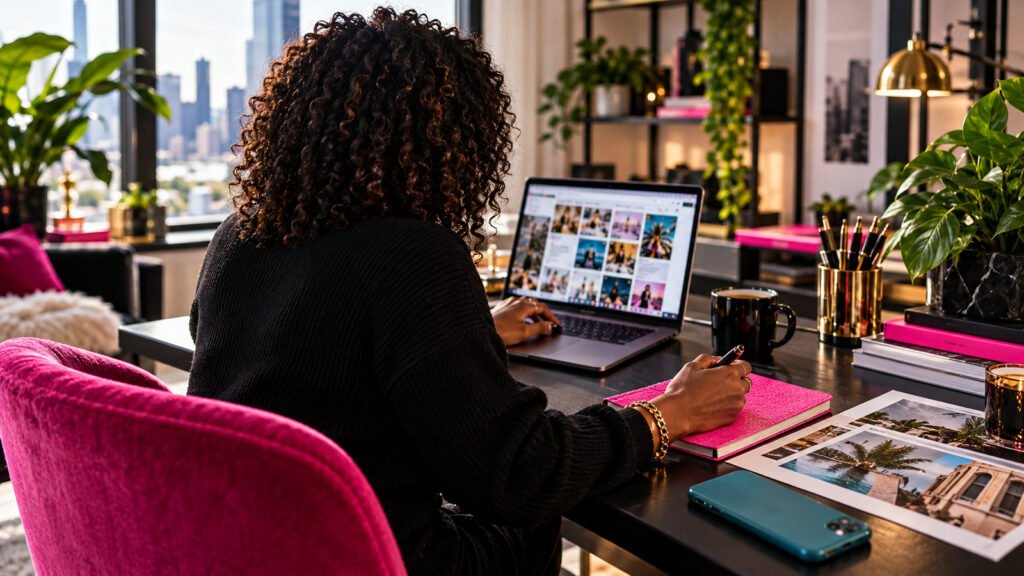 Faceless creator reviewing work on a laptop beside a pink notebook and printed photographs.