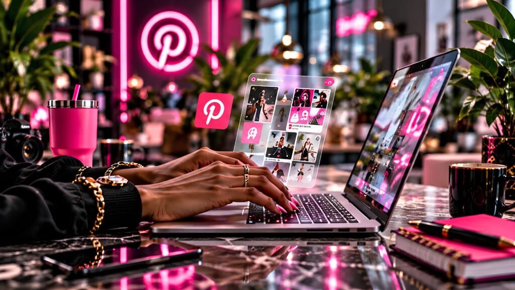 Faceless Black woman working at a laptop in a stylish creative workspace for a search-first content strategy